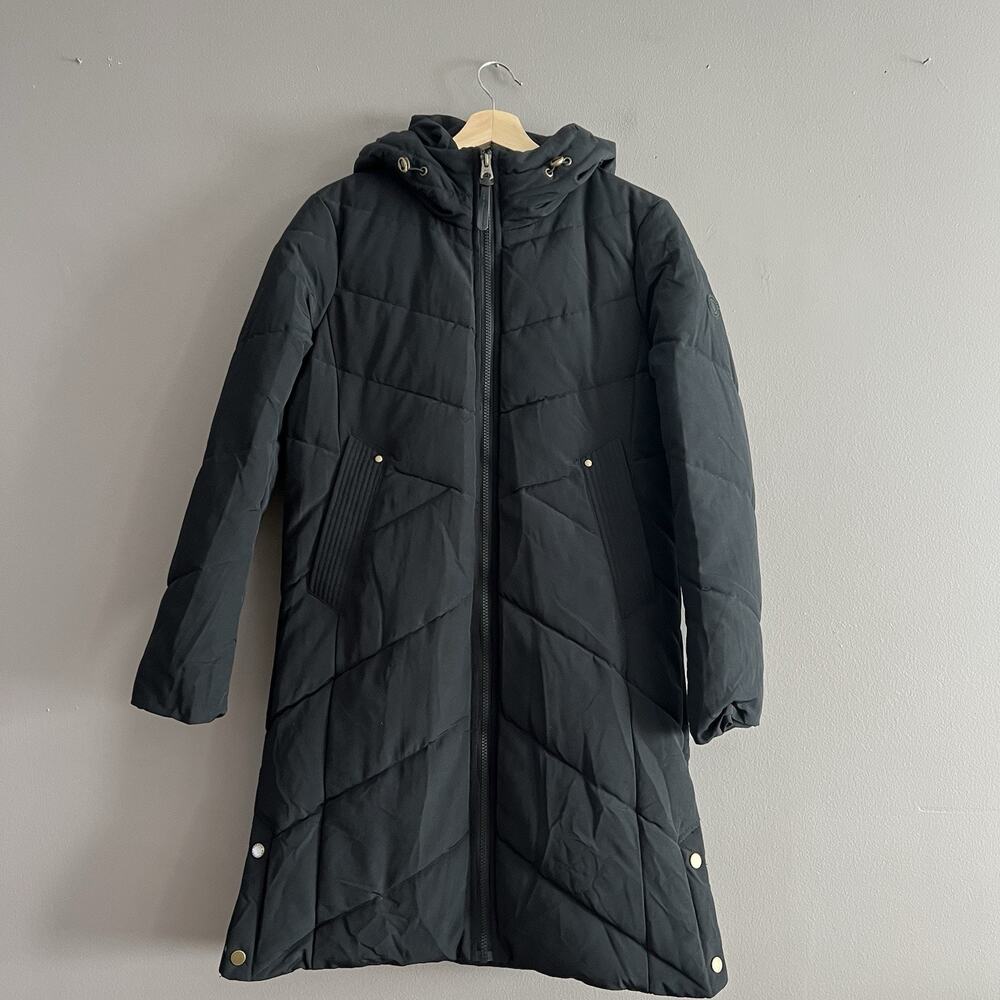 French Connection Women’s Puffer Jacket Mid Length Quilted Coat Hoodie Black S